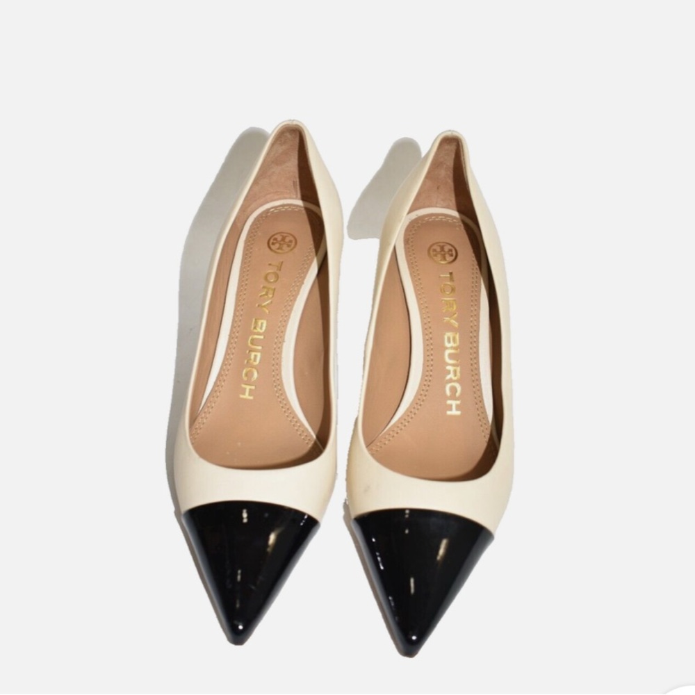 Tory Burch Cap-Toe Pumps Cream and Black Patent pointy Like new